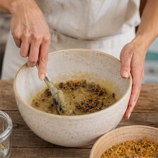 Hands stirring a botanical soap mixture