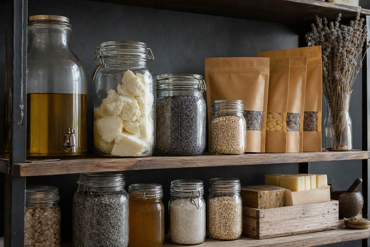 Soap oils and dried botanicals on a studio shelf
